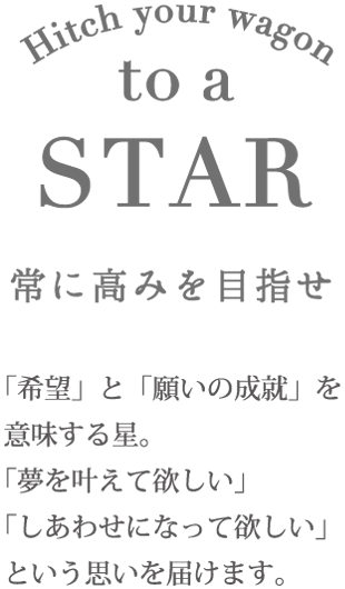 STAR 常に高みを目指せ 「希望」と「願いの成就」を意味する星。「夢を叶えて欲しい」「しあわせになって欲しい」という思いを届けます。