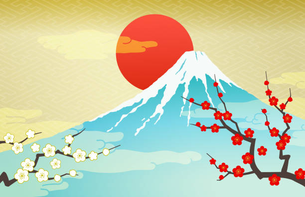 Mount Fuji and Sunrise with Red and white plum